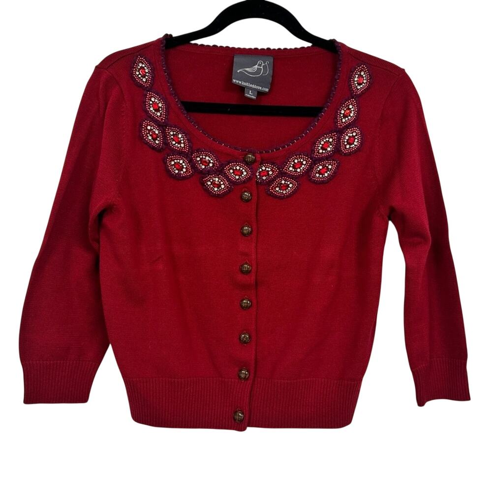 Knitted Dove Red Beaded Cardigan Sweater Womens L Cropped Preppy Coquette Boho
